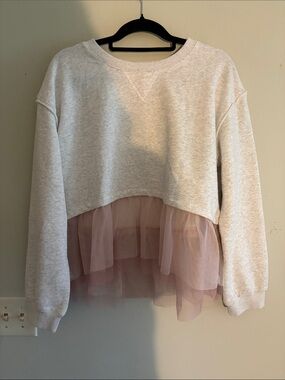 Hem & Thread Light Gray Crewneck Sweater with Blush Pink Tulle Hem